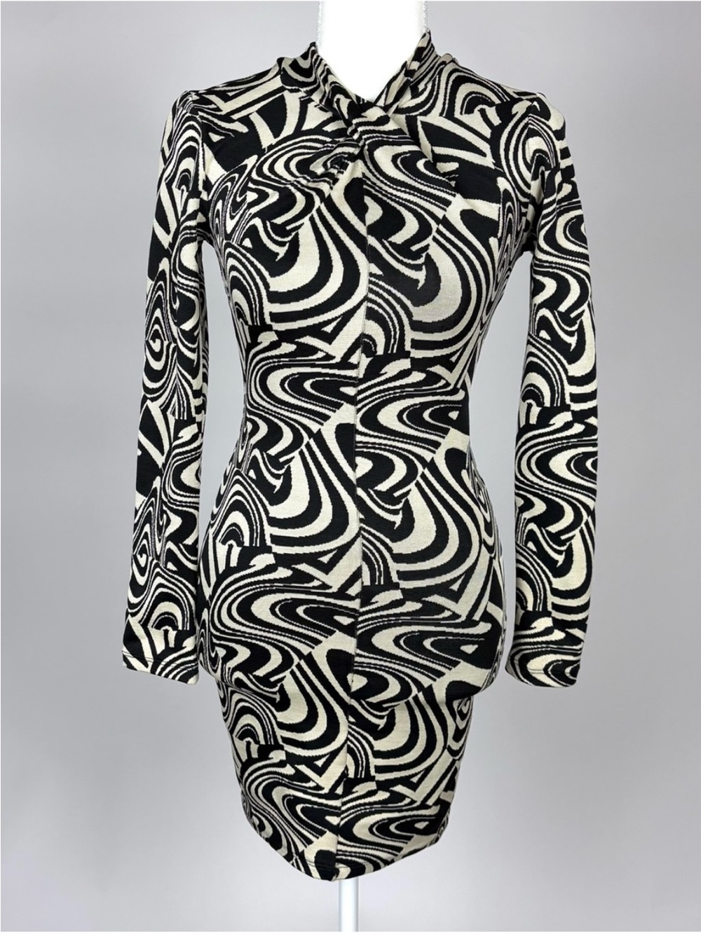 Zara Black & Cream Swirl Print Long Sleeve 60’s Abstract Bodycon Dress Large